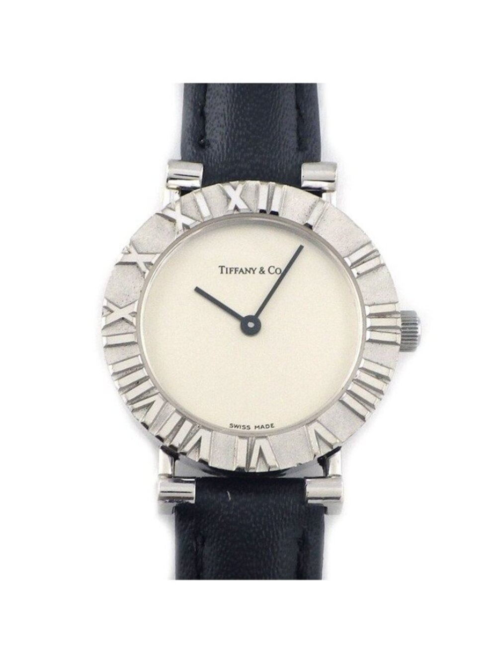 Tiffany & Co Watch Atlas Silver Dial Black Leather Strap Quartz Analog
